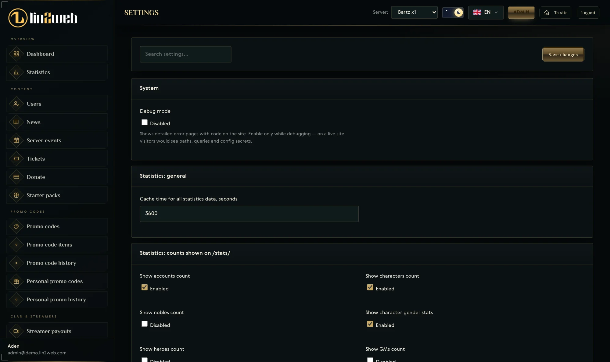 Lin2Web admin panel settings