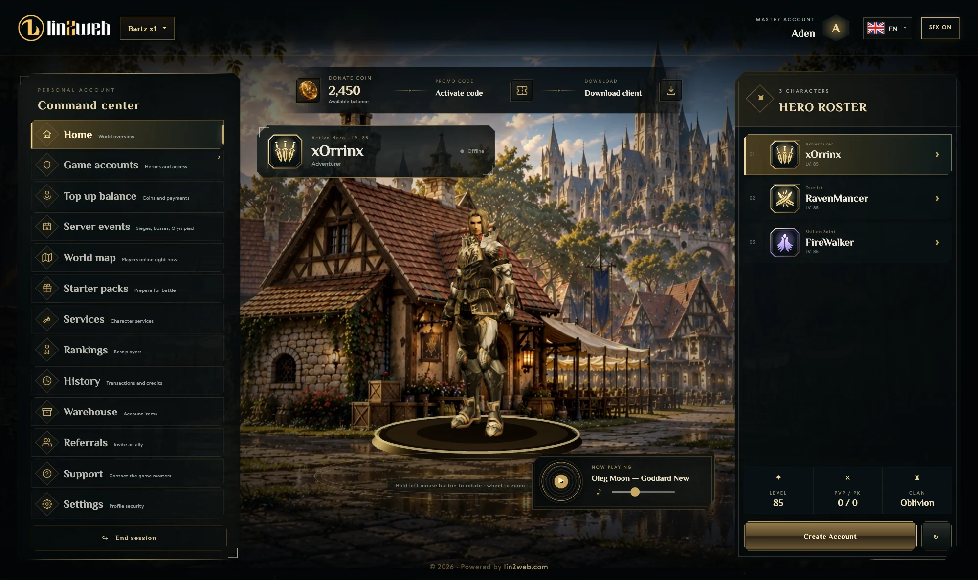 Lin2Web personal account: 3D hero lobby