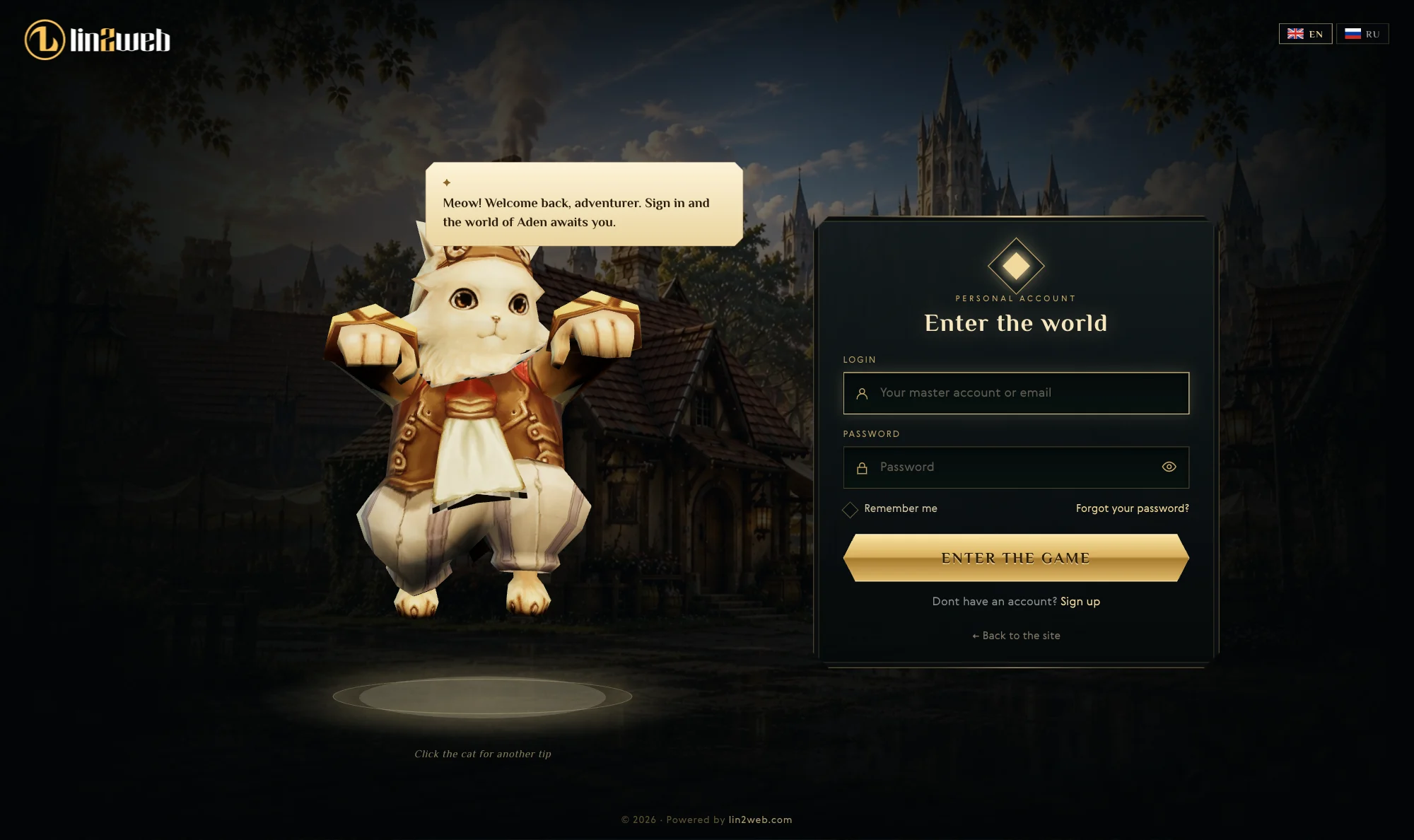 Game-style sign-in page with a 3D cat